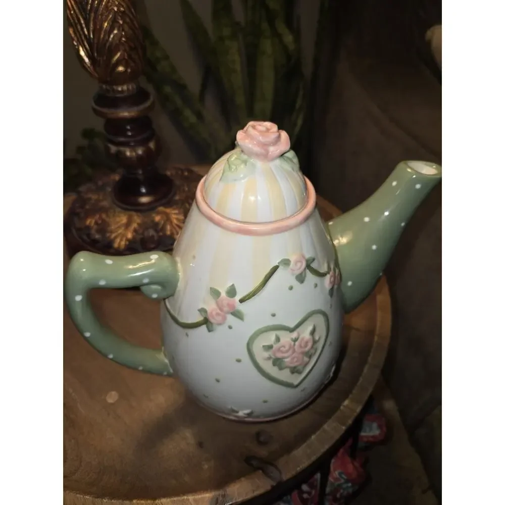 Karla Dornacher Giftcraft Rose Floral Teapot Pink Green Polka Dot Ceramic